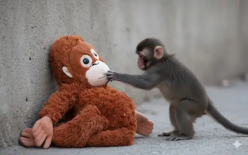 A cute baby monkey with teddy bear toy