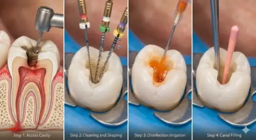 A detailed 4-step diagram showing the root canal process including cleaning, disinfecting, and filling the tooth.