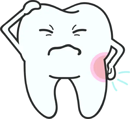 A white cartoon tooth character with a pained facial expression, squinting eyes, and a hand on its head, featuring a glowing red sore spot on its side.