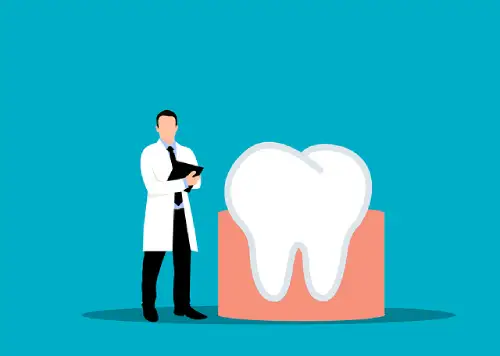 Illustration of a dentist standing next to a large white tooth to explain gum pain and dental health solutions