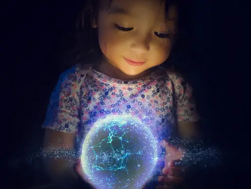 A young girl exploring Science Lessons 101 topics like astronomy and the solar system with a glowing globe.