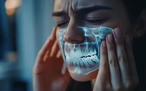 A woman holding her face in pain with a glowing blue X-ray overlay showing her skull, jawbone, and a misaligned wisdom tooth pressing against her molars.