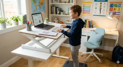 A young boy standing and studying at a white adjustable riser desk with a laptop in a bright home office.