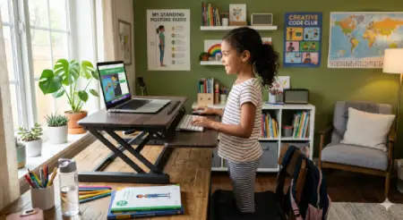 A young girl happily using a dark wood riser desk for coding and learning on her laptop in a green-walled study room
