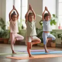 A young child finding balance in tree pose on a yoga mat in a bright room.