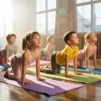 A child arching their back in cobra pose during a morning yoga session.