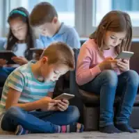 A child sitting on the floor while looking intently at a smartphone screen.