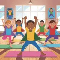 Illustration of a child in a superhero cape practicing a yoga pose on a colorful mat.